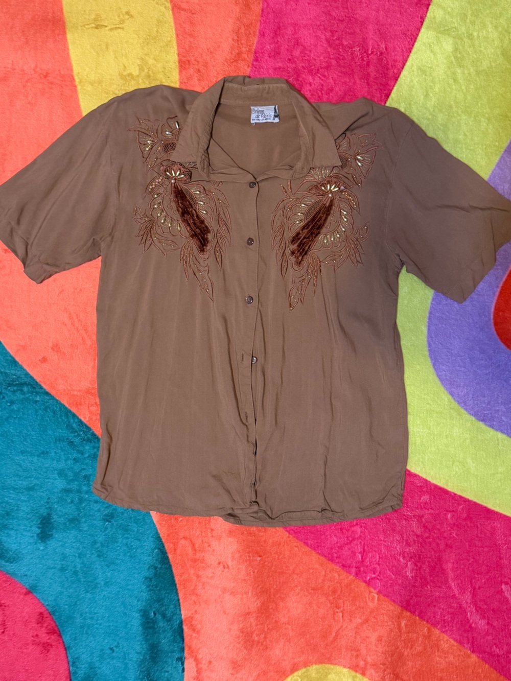 Vintage Brown Embroidered Short-Sleeve Blouse